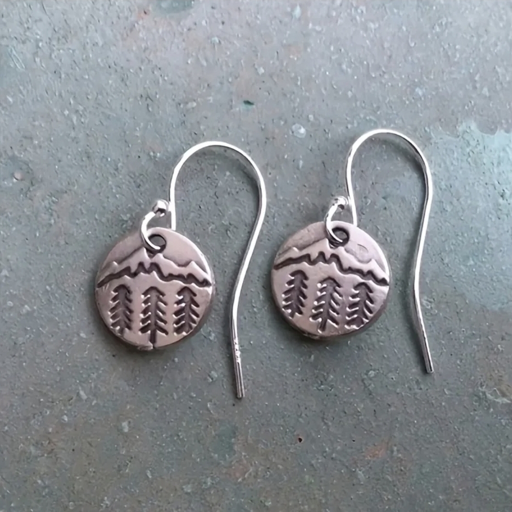 Sterling Silver .925 Mountain & Pine Tree Disc Drop Earrings - Boho